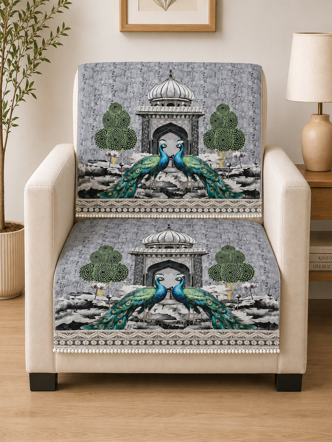 Velvet Sofa Mat 1 Seater Back & Seat | Royal Peacock - Silver Pearl
