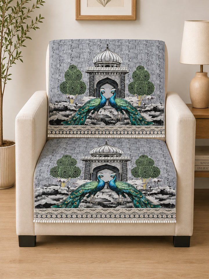 Velvet Sofa Mat 1 Seater Back & Seat | Royal Peacock - Silver Pearl
