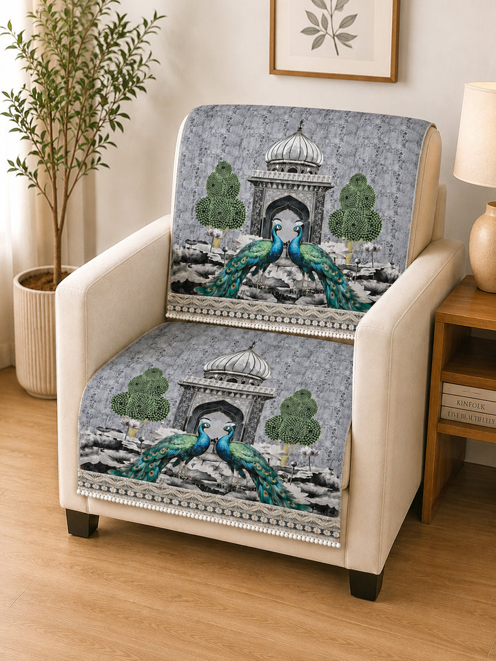 Velvet Sofa Mat 1 Seater Back & Seat | Royal Peacock - Silver Pearl