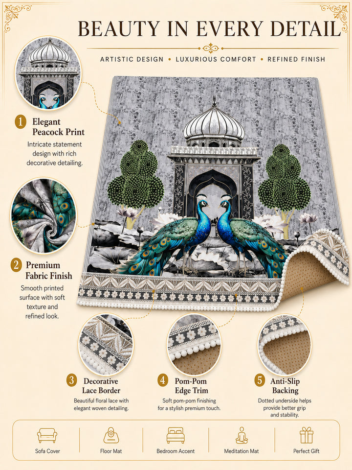 Velvet Sofa Mat 1 Seater Back & Seat | Royal Peacock - Silver Pearl