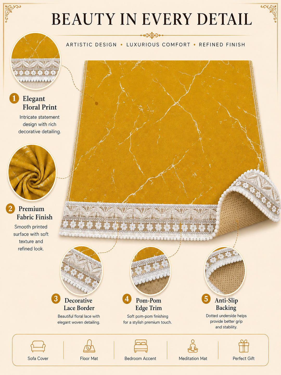 Velvet Sofa Mat 1 Seater Back & Seat | Marble Luxe - Mustard Gold