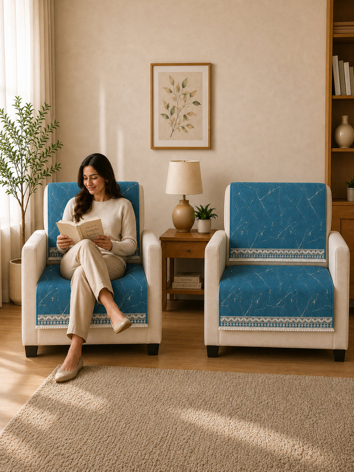 Velvet Sofa Mat 1 Seater Back & Seat | Marble Luxe - Aqua Blue