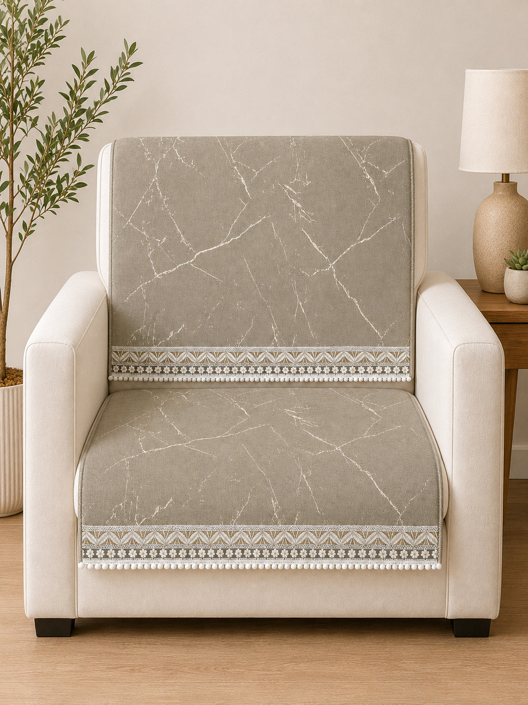 Velvet Sofa Mat 1 Seater Back & Seat | Marble Luxe - Stone Beige