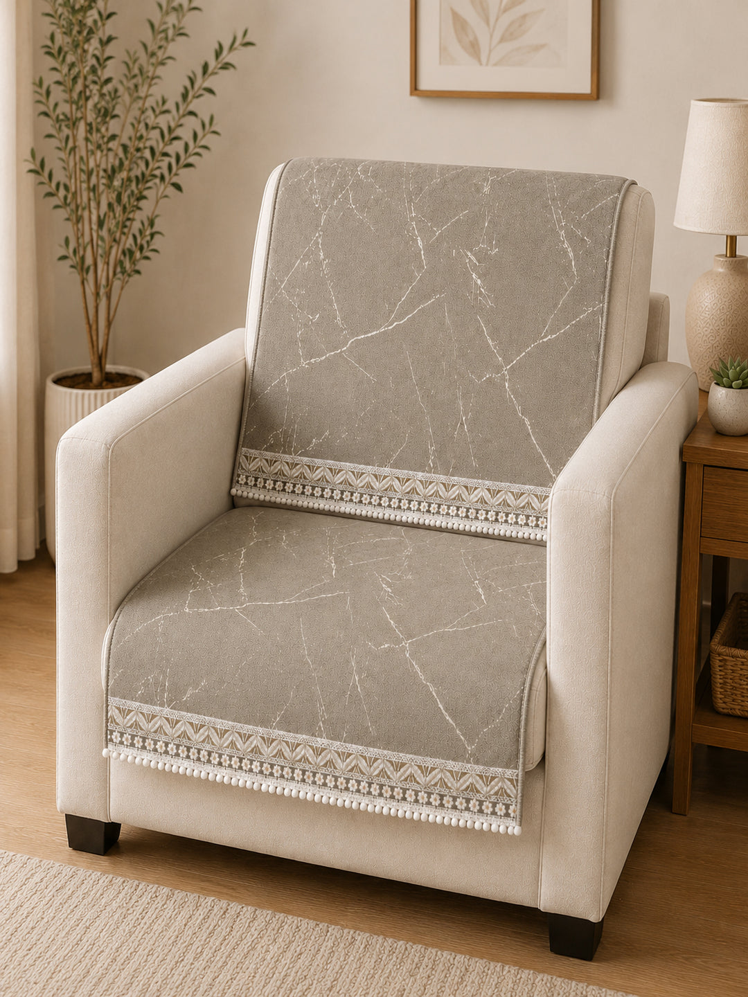 Velvet Sofa Mat 1 Seater Back & Seat | Marble Luxe - Stone Beige