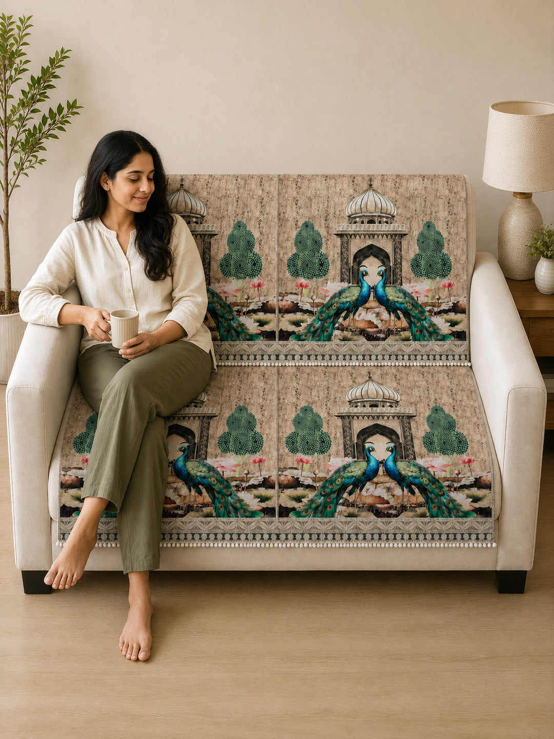 Suede Velvet Sofa Mat 2 Seater Back & Seat | Peacock - Ivory Beige