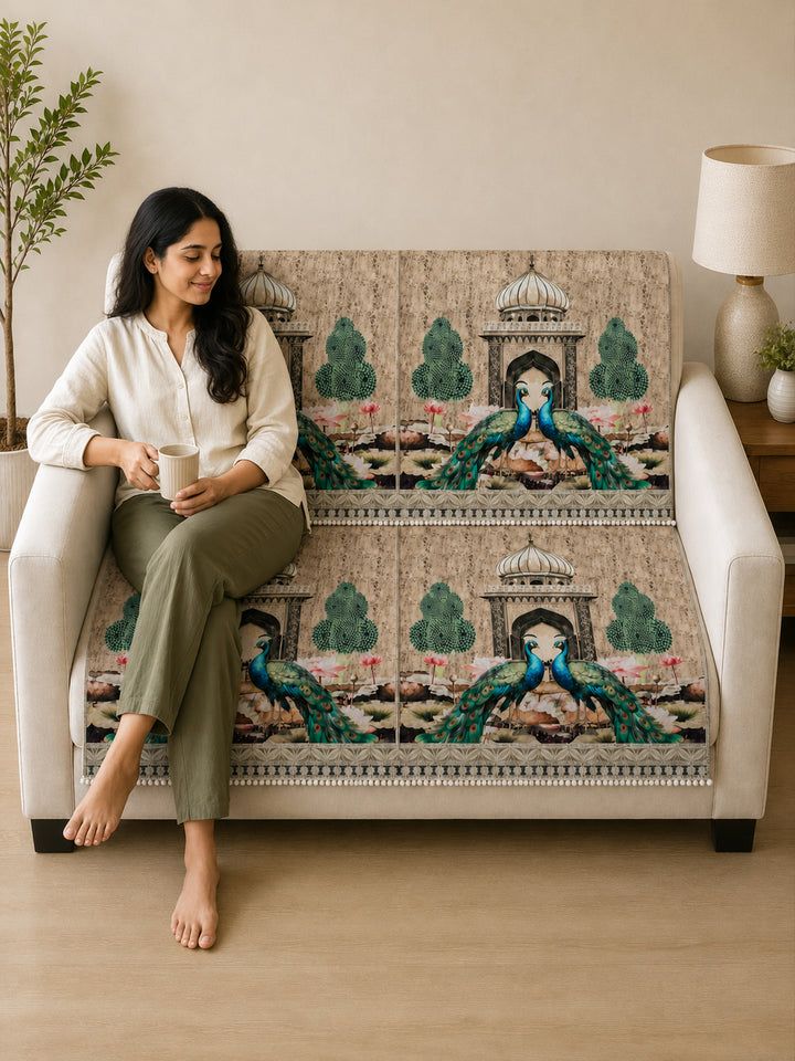 Suede Velvet Sofa Mat 2 Seater Back & Seat | Peacock - Ivory Beige