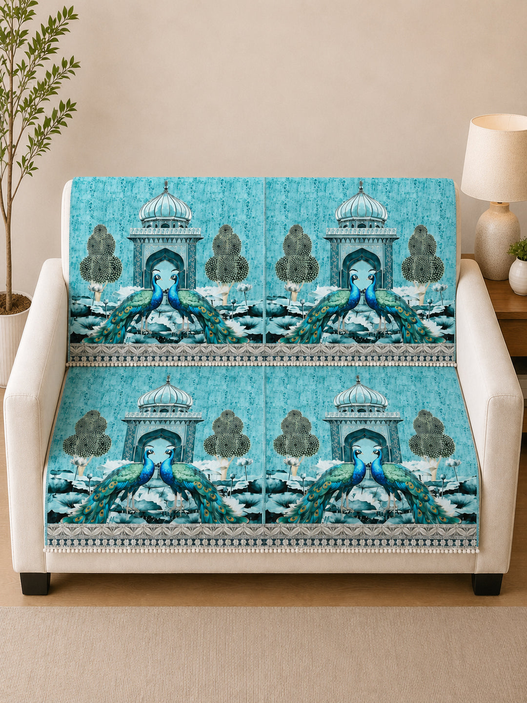 Suede Velvet Sofa Mat 2 Seater Back & Seat | Peacock - Aqua Mist