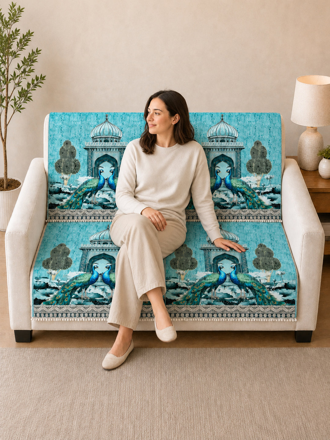 Suede Velvet Sofa Mat 2 Seater Back & Seat | Peacock - Aqua Mist