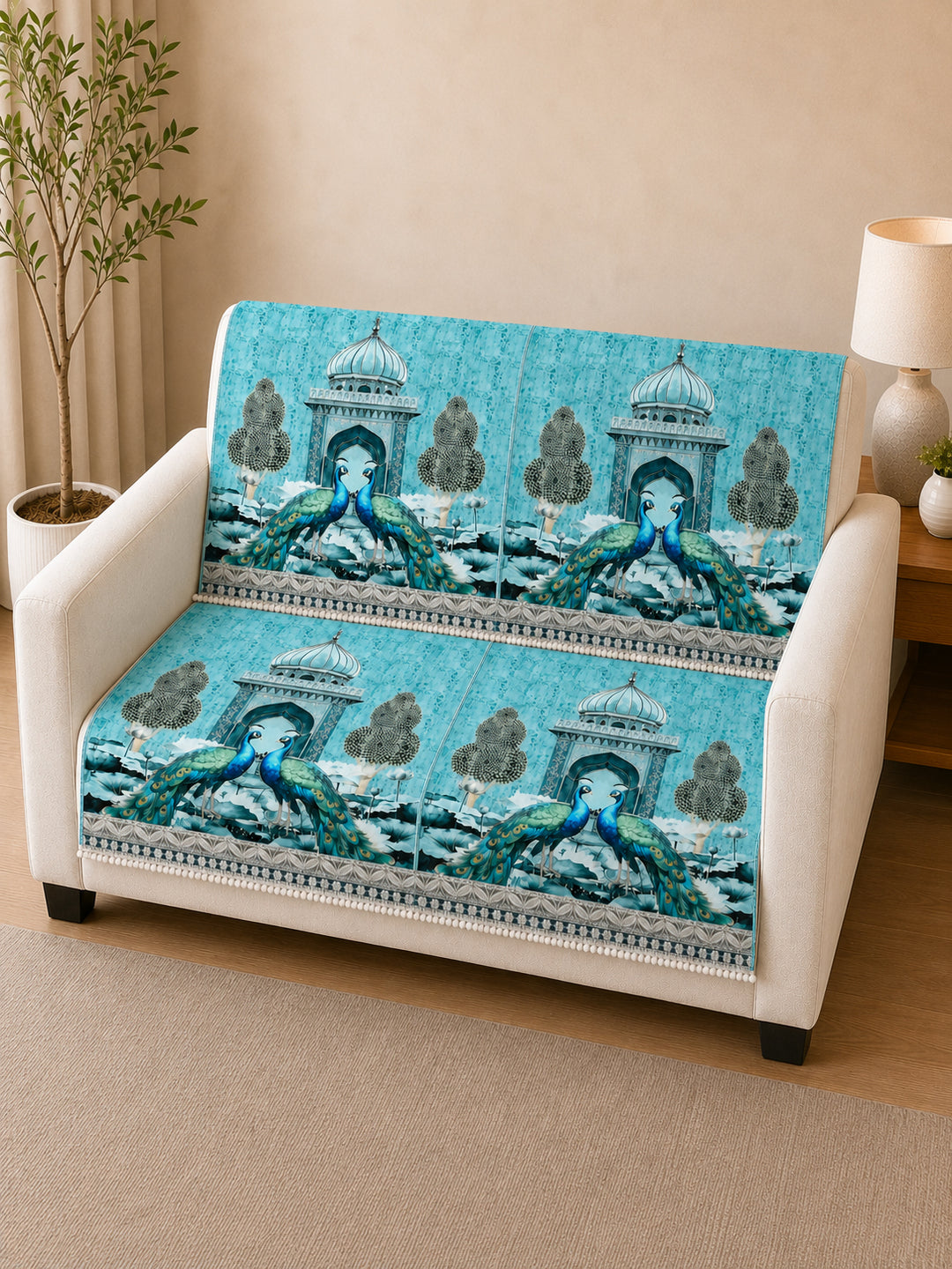 Suede Velvet Sofa Mat 2 Seater Back & Seat | Peacock - Aqua Mist