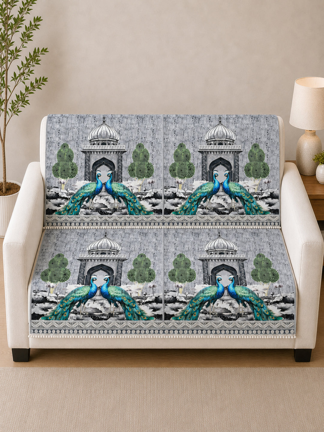 Suede Velvet Sofa Mat 2 Seater Back & Seat | Peacock - Silver Pearl