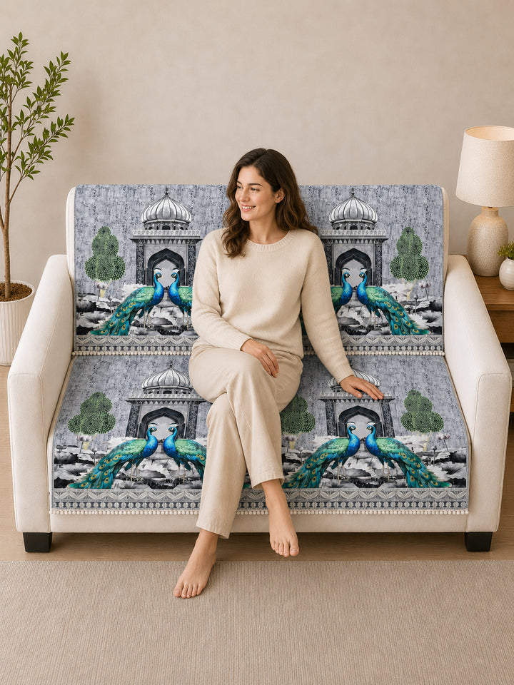 Suede Velvet Sofa Mat 2 Seater Back & Seat | Peacock - Silver Pearl