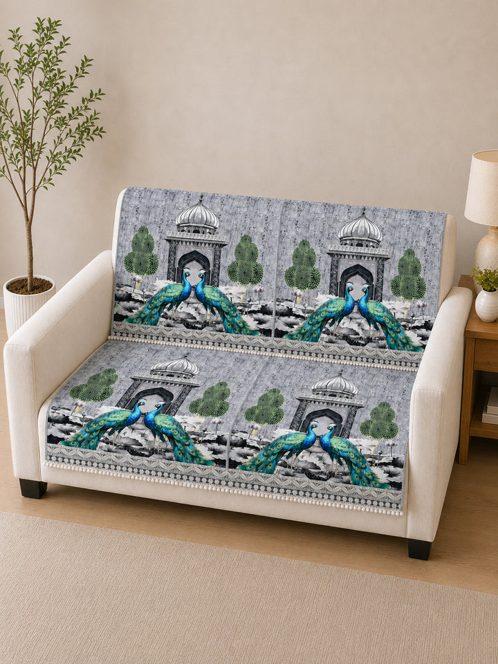 Suede Velvet Sofa Mat 2 Seater Back & Seat | Peacock - Silver Pearl