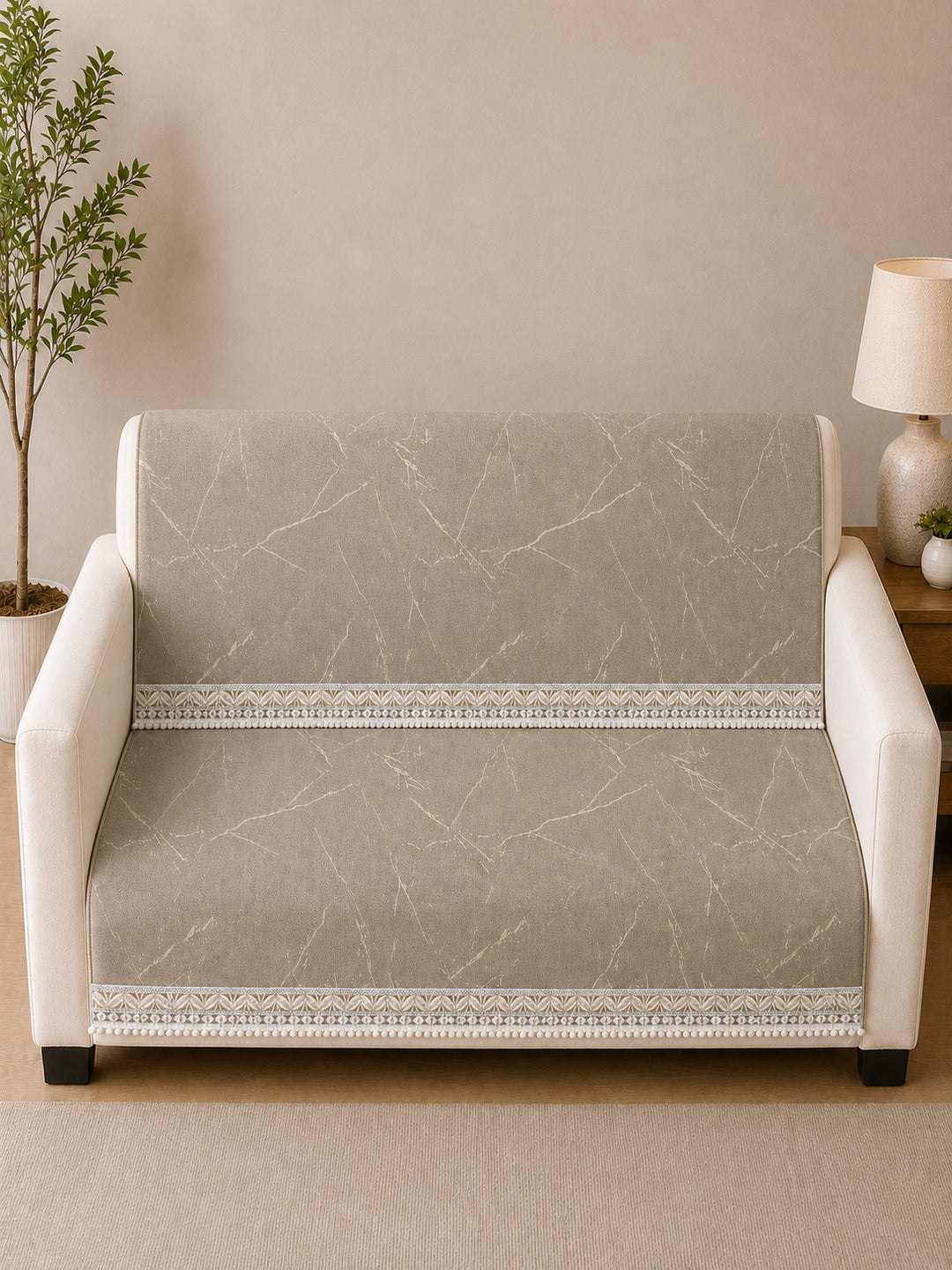 Suede Velvet Sofa Mat 2 Seater Back & Seat | Luxe Stone Beige
