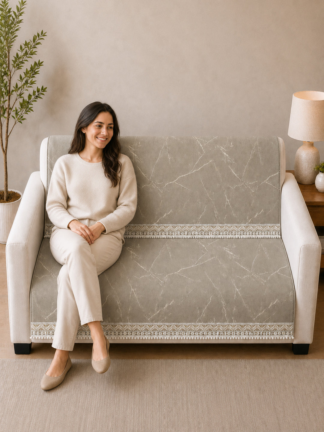 Suede Velvet Sofa Mat 2 Seater Back & Seat | Luxe Stone Beige