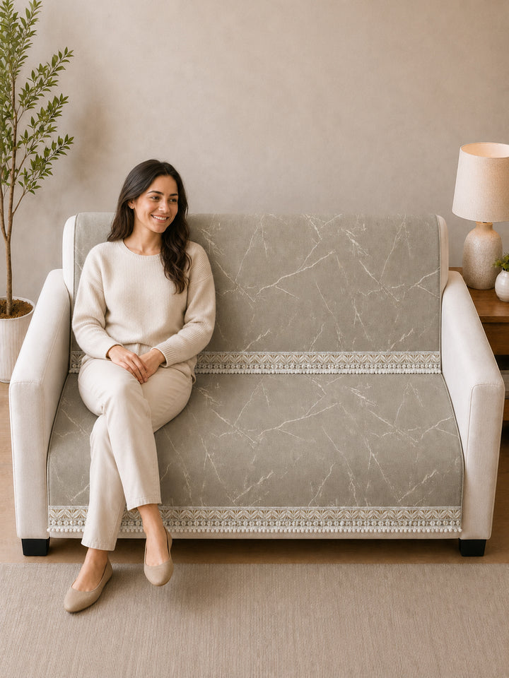 Suede Velvet Sofa Mat 2 Seater Back & Seat | Luxe Stone Beige