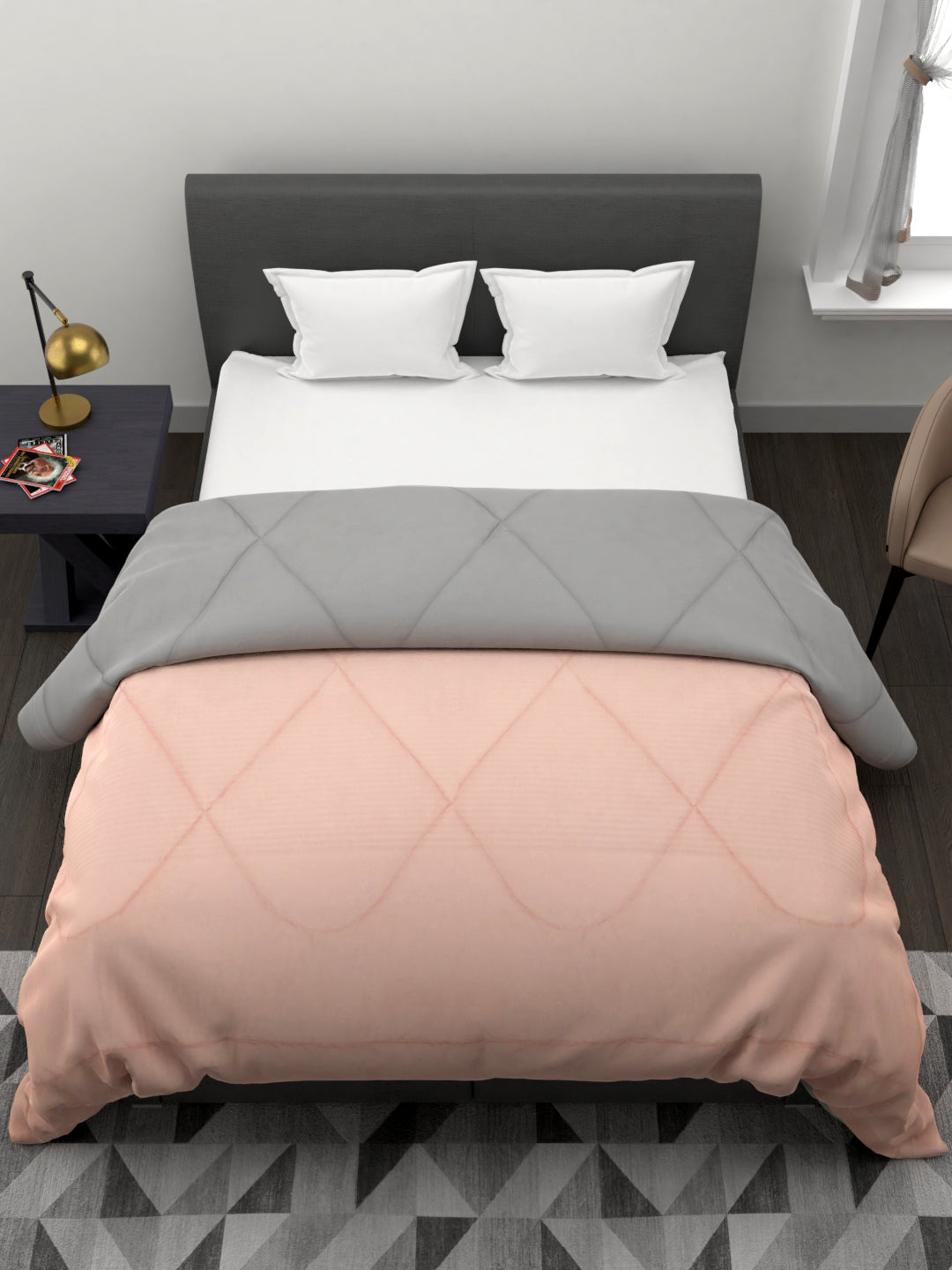 120 GSM All Weather Reversible Double Bed Quilt; 90x100 Inches; Peach & Grey