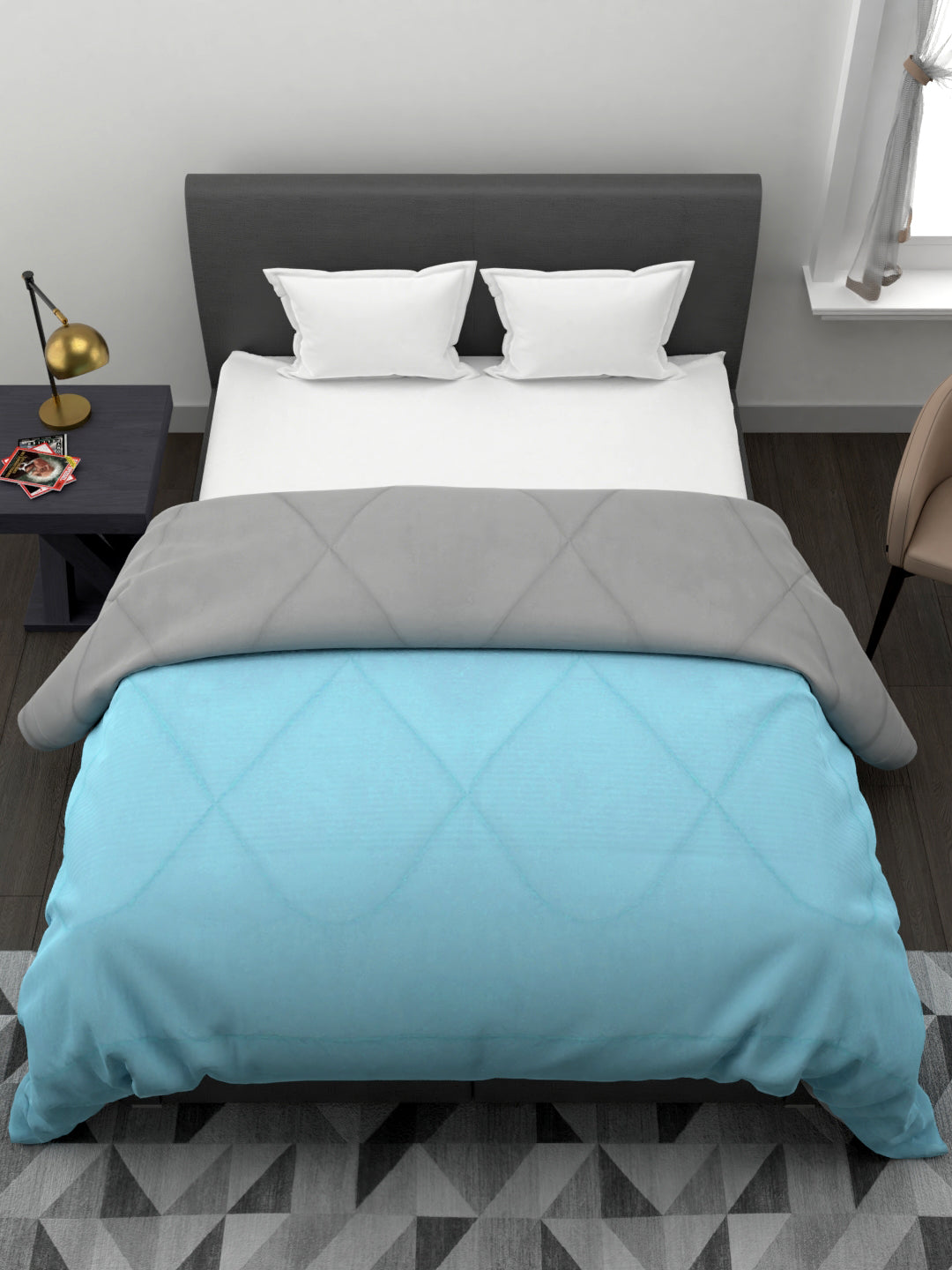 120 GSM All Weather Reversible Double Bed Quilt; 90x100 Inches; Aqua & Grey