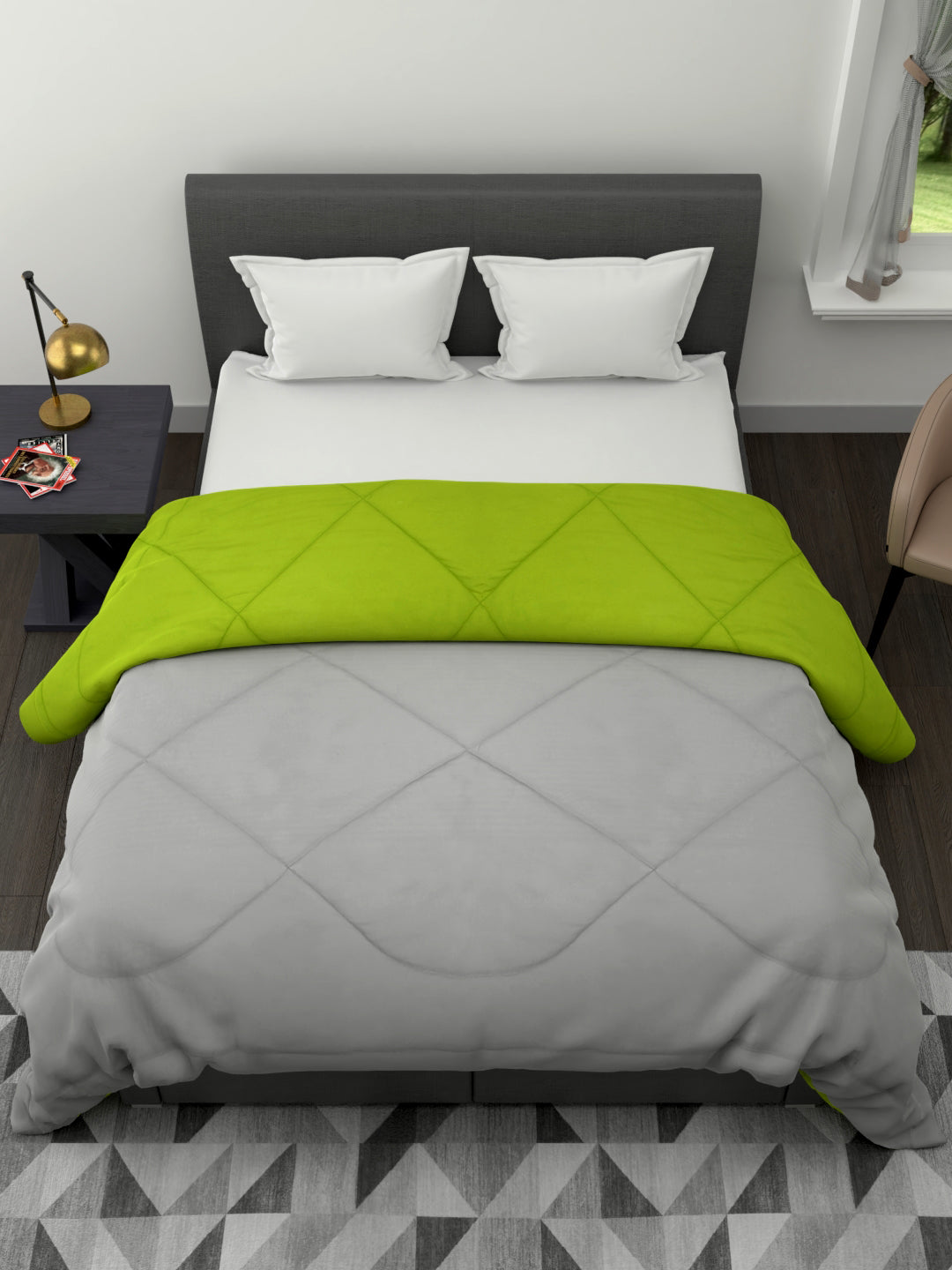 120 GSM All Weather Reversible Double Bed Quilt; 90x100 Inches; Grey & Green