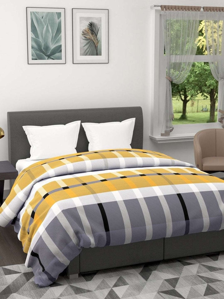 120 GSM All Weather Reversible Double Bed Quilt; 90x100 Inches; Black & White Stripes On Multicolor Base
