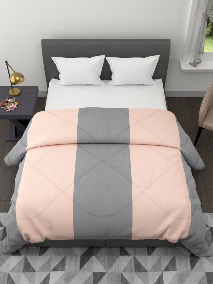 120 GSM All Weather Reversible Double Bed Quilt; 90x100 Inches; Grey & Peach Striped