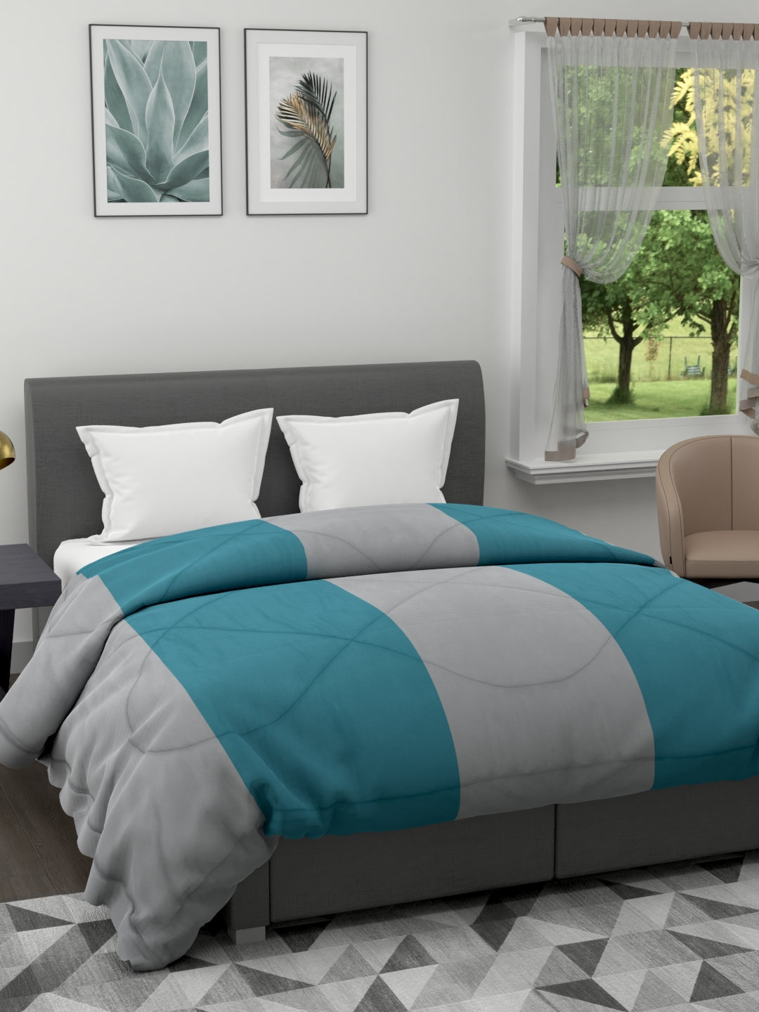120 GSM All Weather Reversible Double Bed Quilt; 90x100 Inches; Grey & Cyan Striped