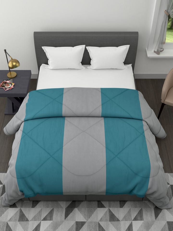 120 GSM All Weather Reversible Double Bed Quilt; 90x100 Inches; Grey & Cyan Striped