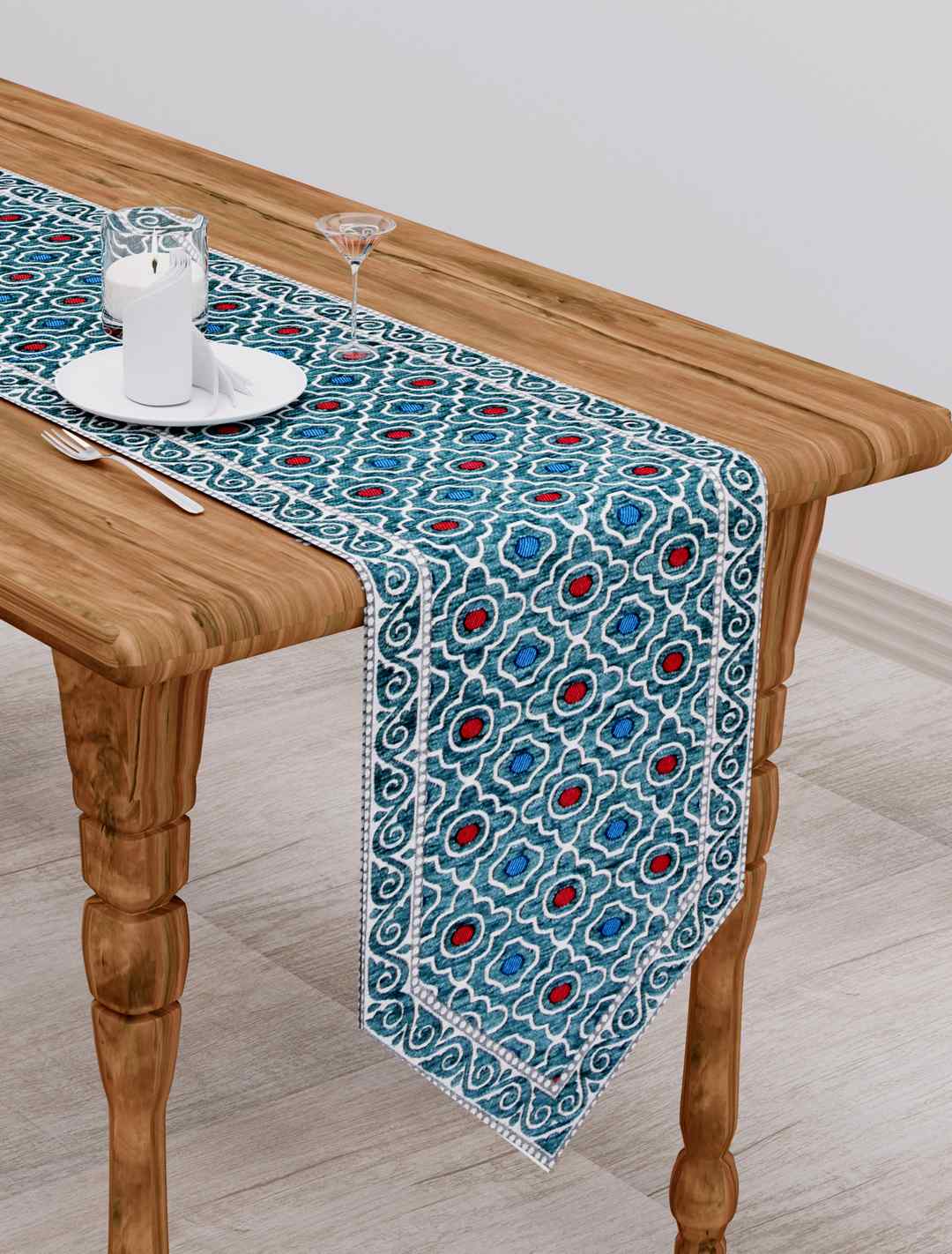 Table Runner; 16x72 Inches; Blue Green Golden Abstract