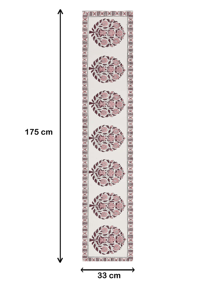 Table Runner; 13x70 Inches; Pink Flowers & Maroon Leaves