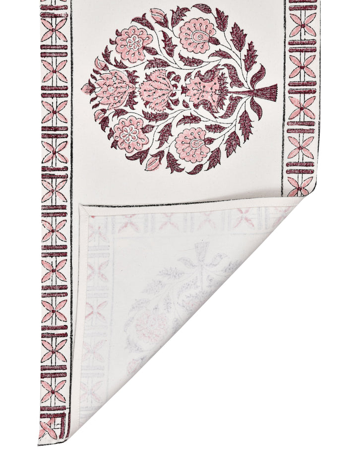 Table Runner; 13x70 Inches; Pink Flowers & Maroon Leaves