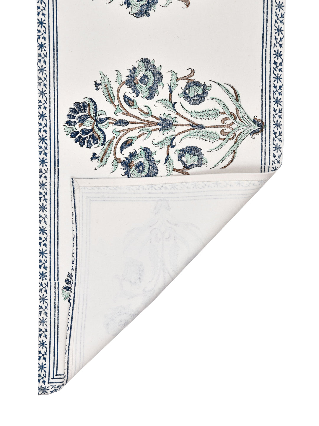 Table Runner; 13x70 Inches; Blue Flowers & Green Leaves