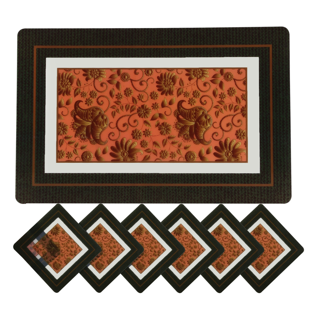 PVC Table Mats, Kitchen & Dining Placement; Set of 6 Mats + 6 Coasters; Color - Brown Flowers On Orange