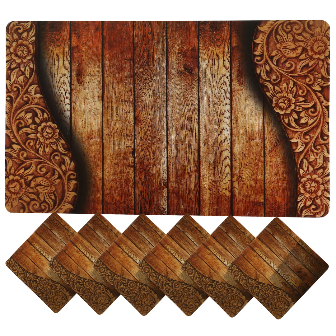 PVC Table Mats, Kitchen & Dining Placement; Set of 6 Mats + 6 Coasters; Color - Wooden Stripes