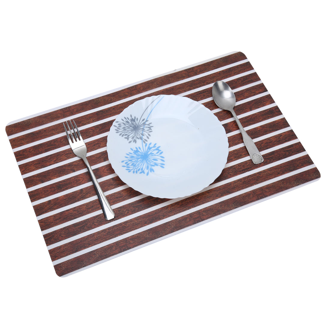 PVC Table Mats, Kitchen & Dining Placement; Set of 6 Pcs; Color - Brown Self Stripes