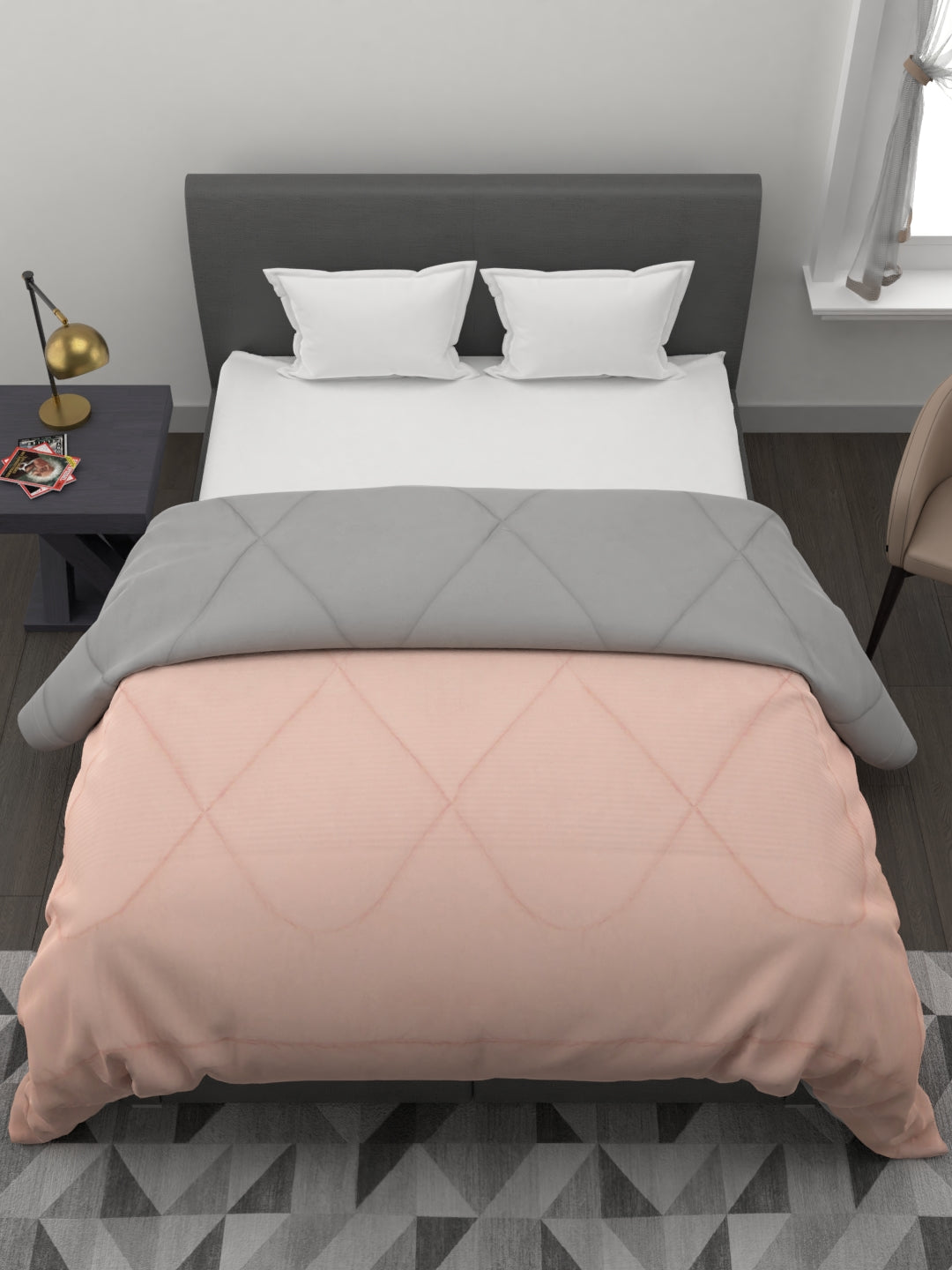 Reversible Double Bed King Size Comforter; 90x100 Inches; Peach & Grey