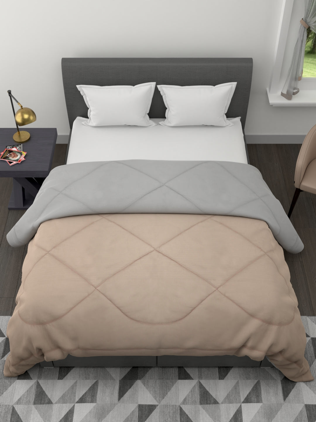 Reversible Double Bed King Size Comforter; 90x100 Inches; Taupe & Grey