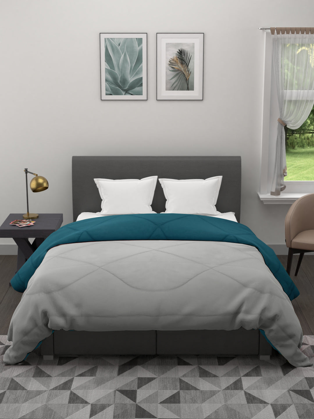 Reversible Double Bed King Size Comforter; 90x100 Inches; Grey & Cyan