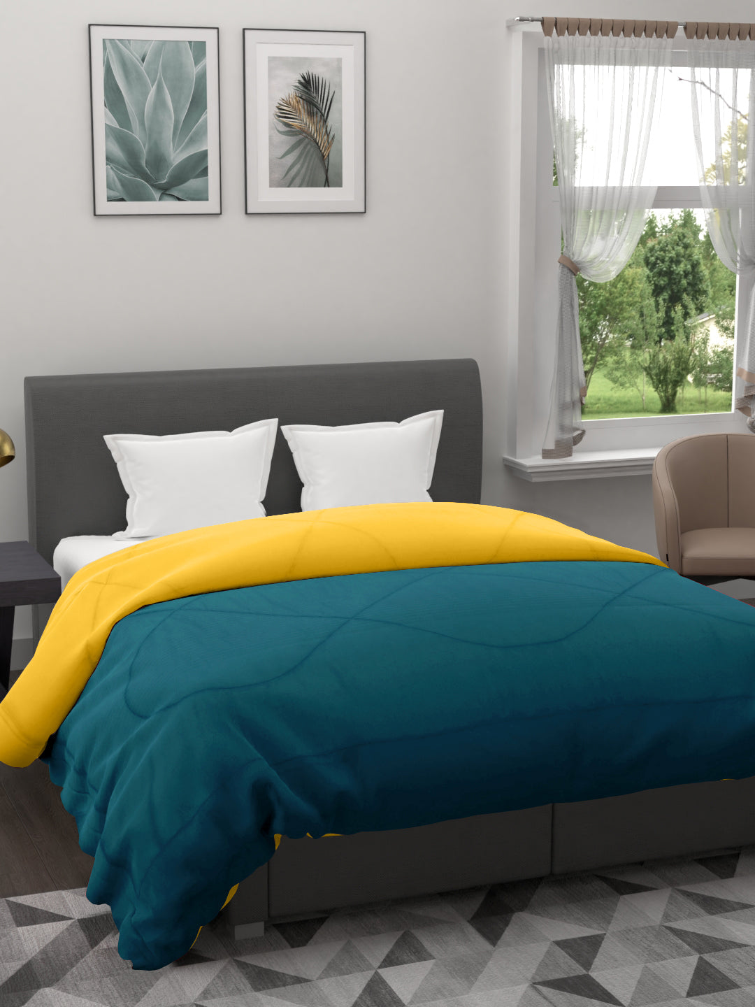250GSM Reversible Double Bed King Size Comforter; 90x100 Inches; Cyan & Yellow