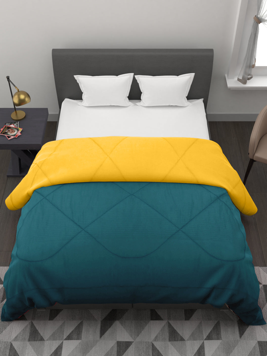 Reversible Double Bed King Size Comforter; 90x100 Inches; Cyan & Yellow