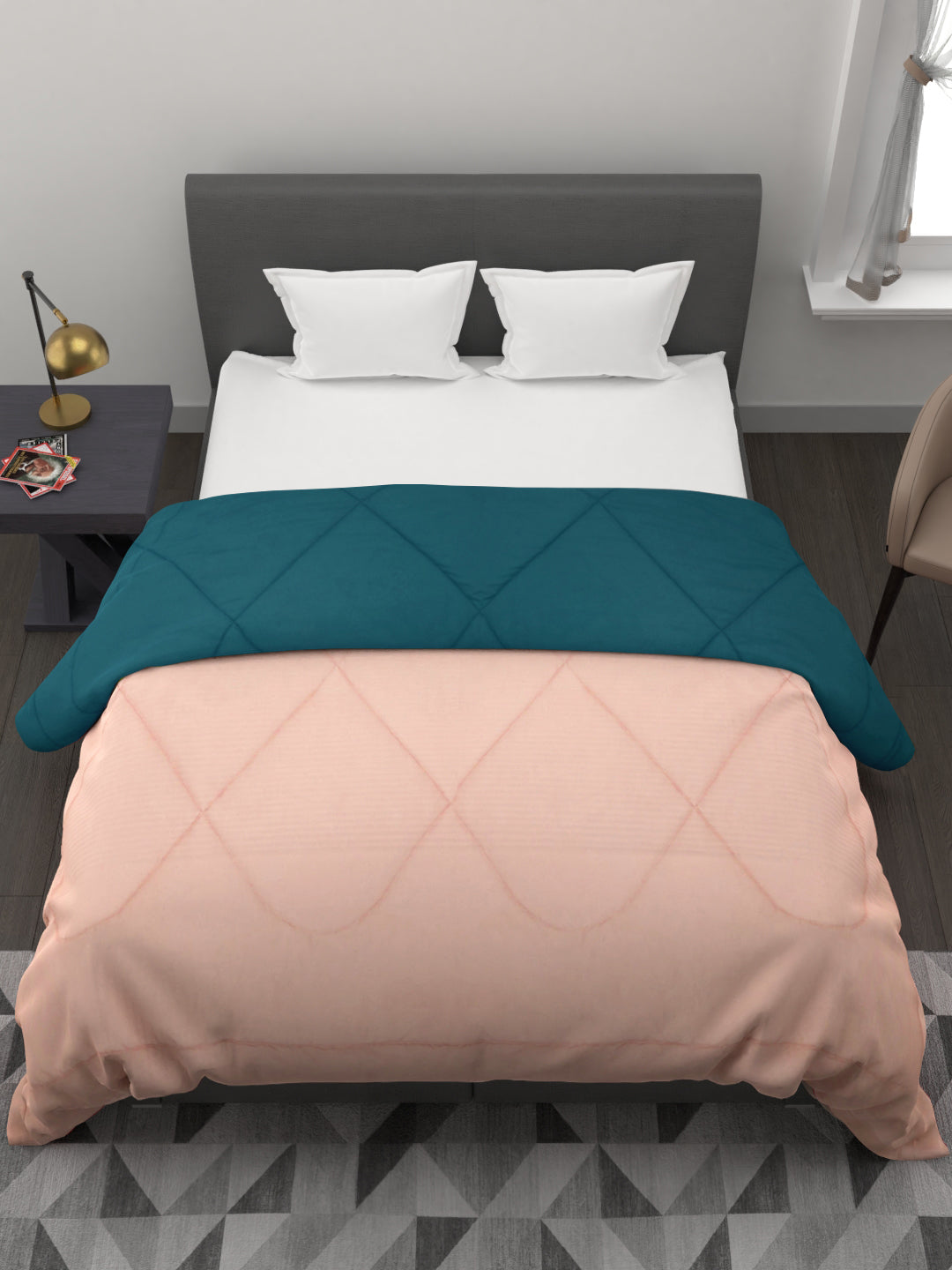 Reversible Double Bed King Size Comforter; 90x100 Inches; Peach & Cyan