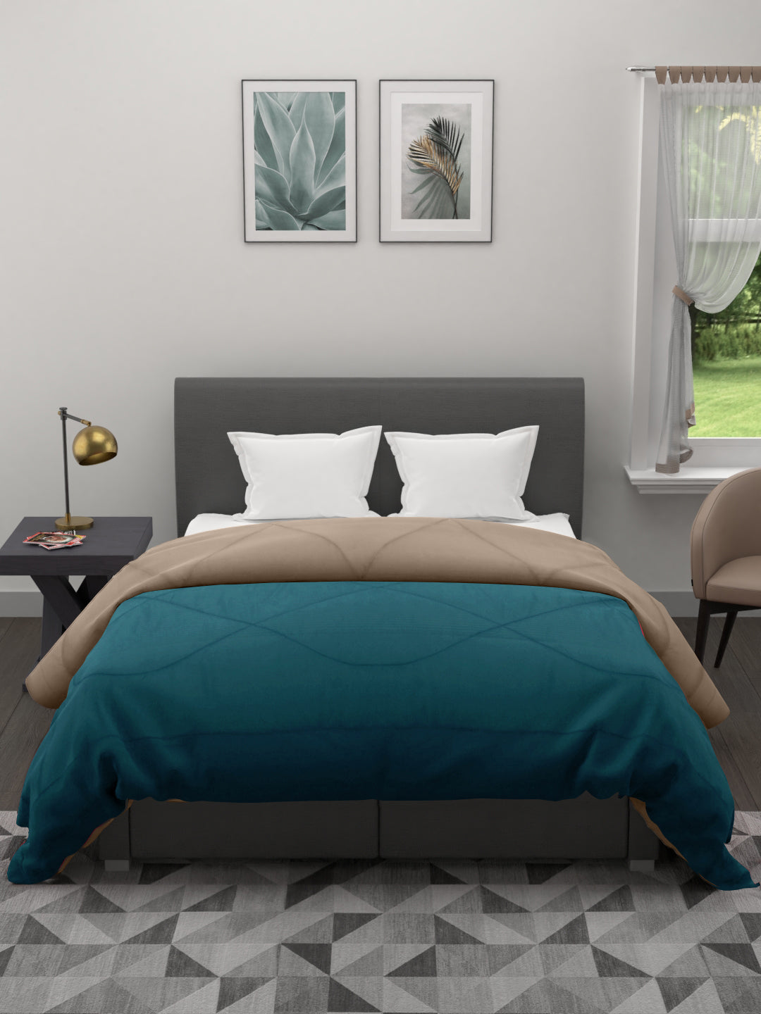 Reversible Double Bed King Size Comforter; 90x100 Inches; Cyan & Taupe