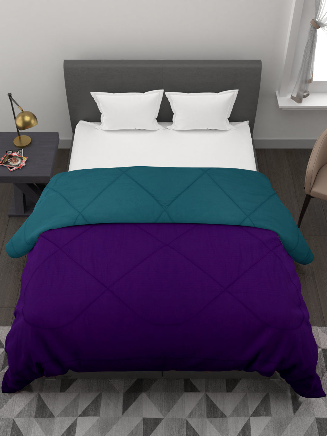 250 GSM Reversible Double Bed King Size Comforter; 90x100 Inches; Purple & Cyan