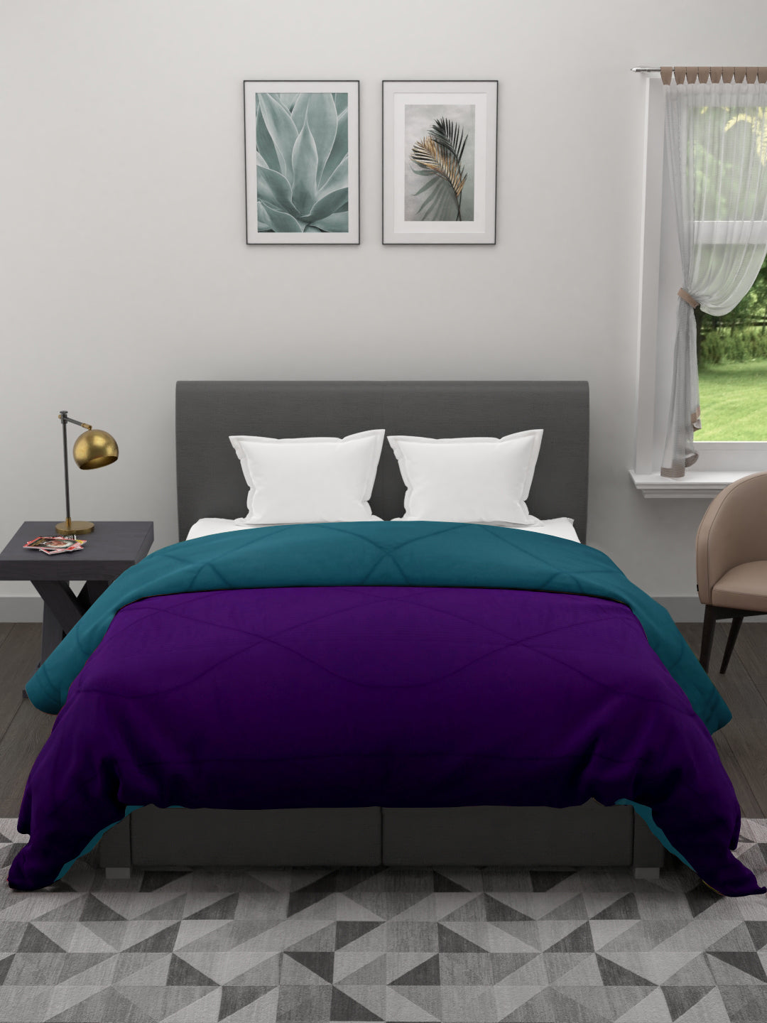 Reversible Double Bed King Size Comforter; 90x100 Inches; Purple & Cyan