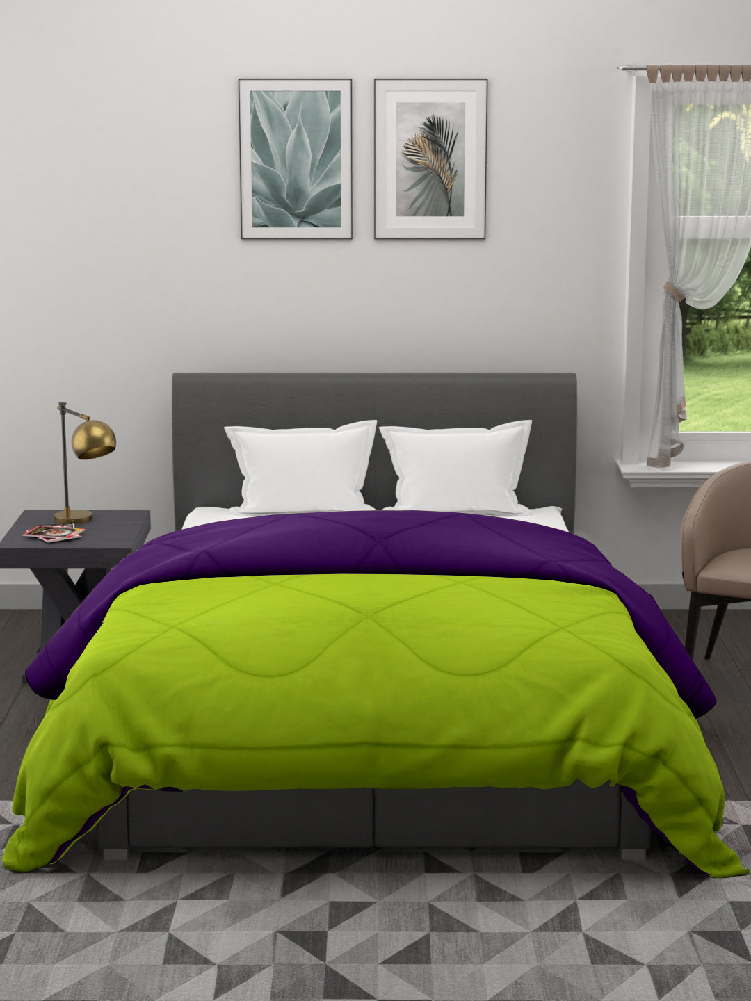 Reversible Double Bed King Size Comforter; 90x100 Inches; Green & Purple
