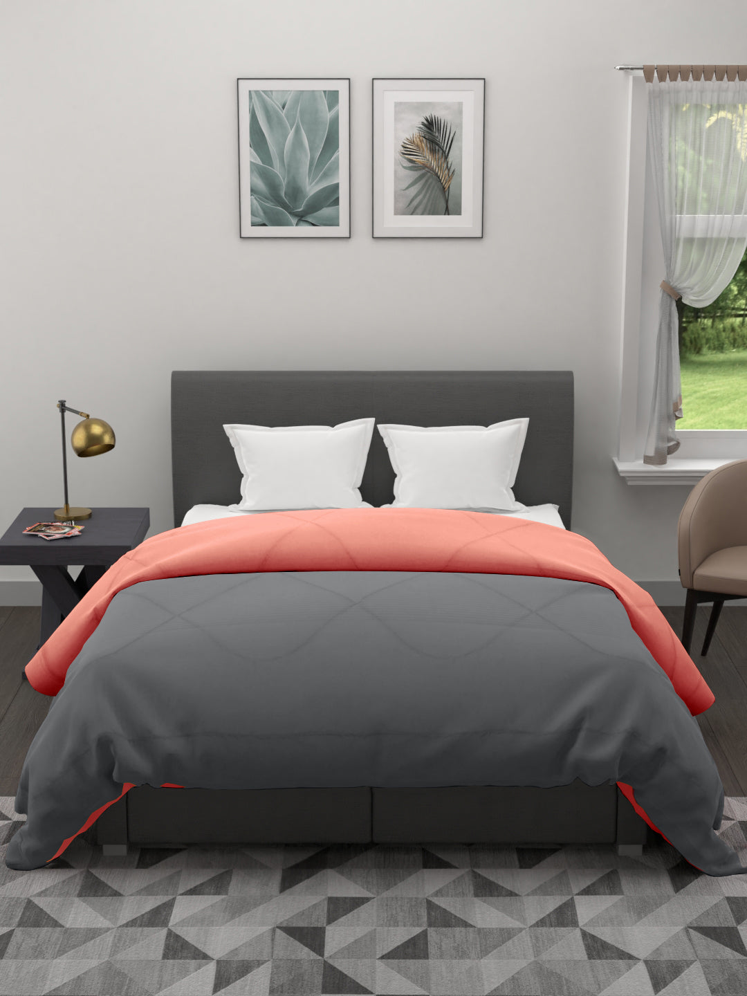 250GSM Reversible Double Bed King Size Comforter; 90x100 Inches; Candy Peach & Grey