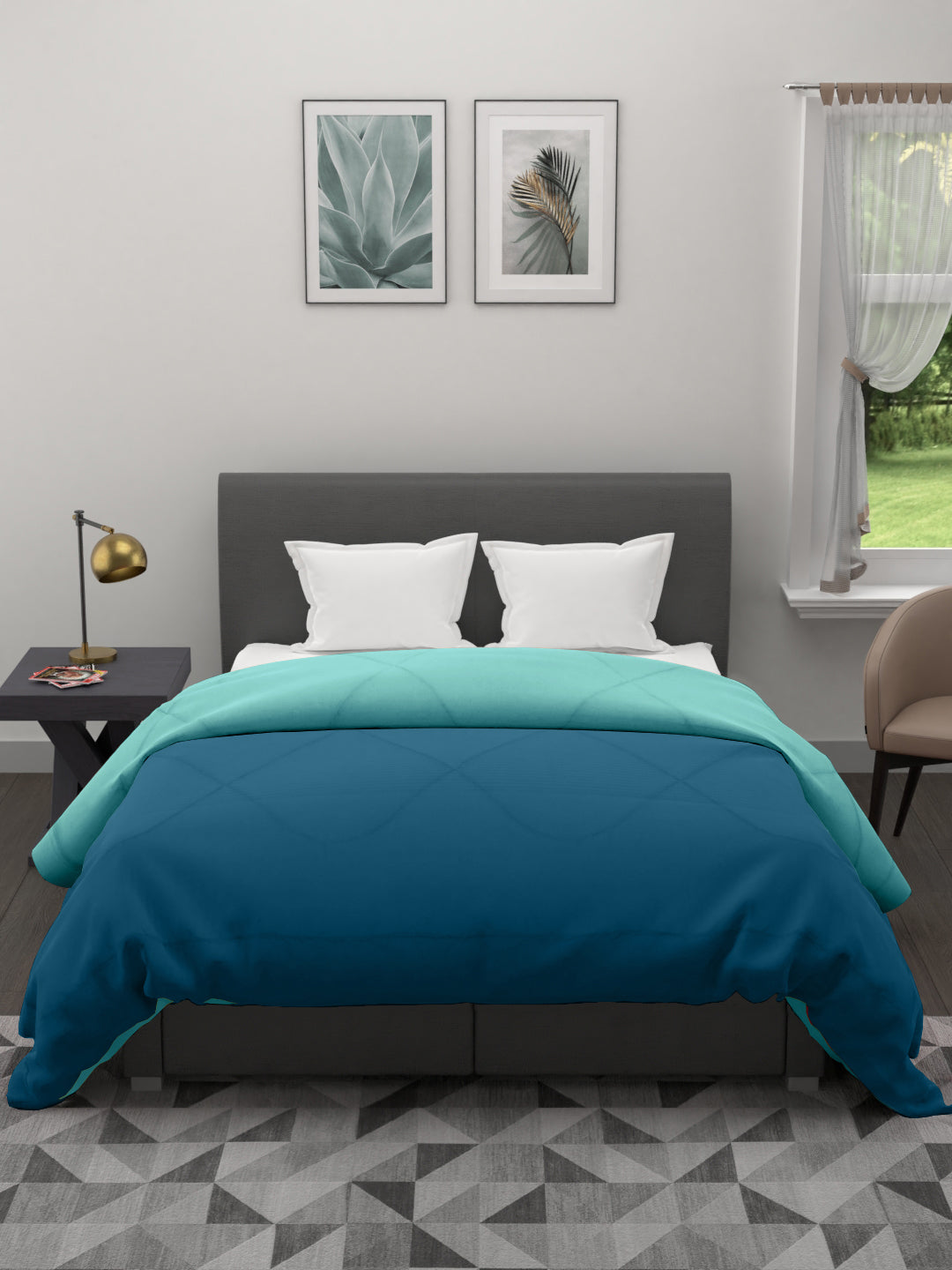 Reversible Double Bed King Size Comforter; 90x100 Inches; Aqua Blue & Dark Blue
