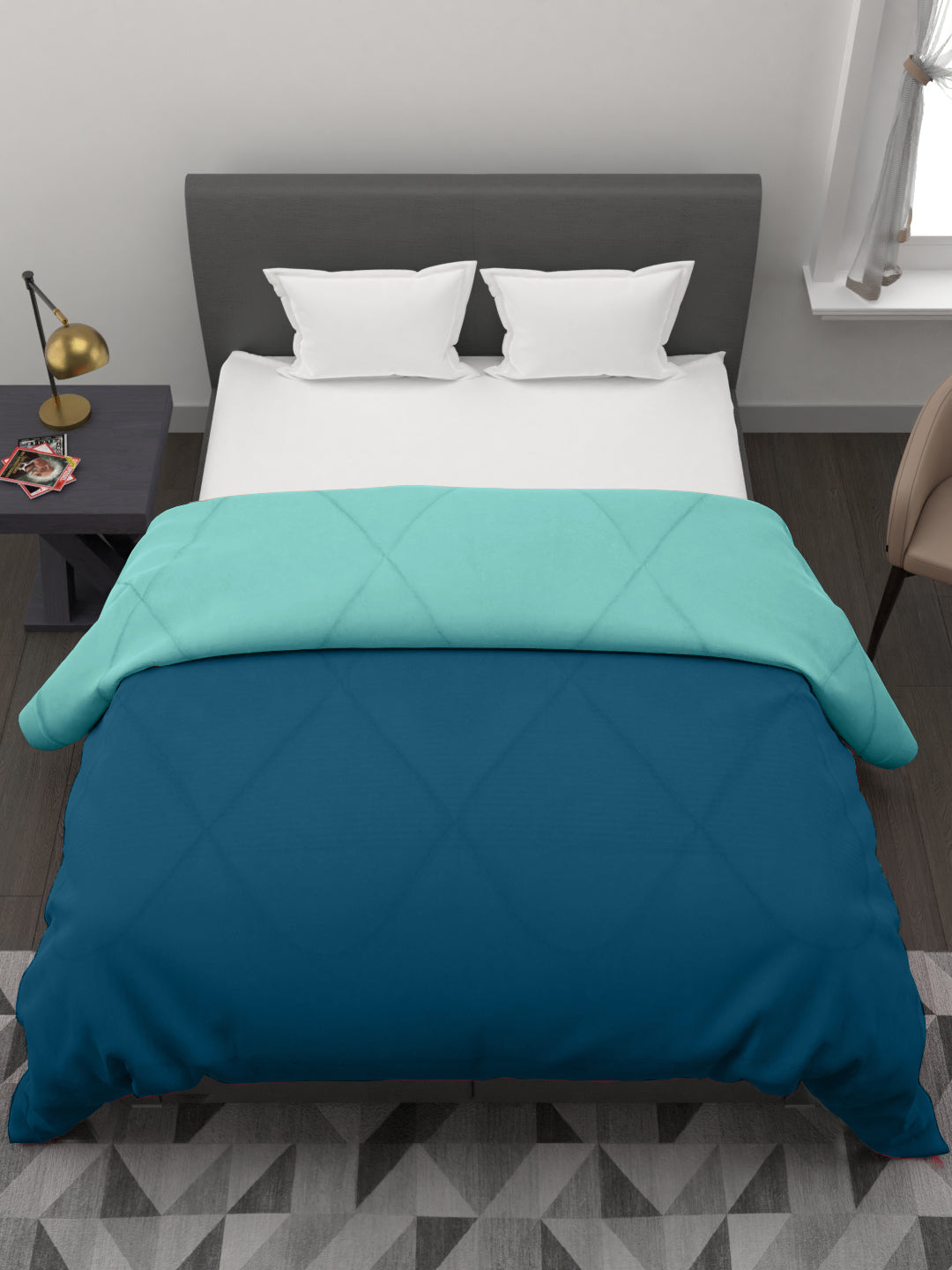 250GSM Reversible Double Bed King Size Comforter; 90x100 Inches; Aqua Blue & Dark Blue