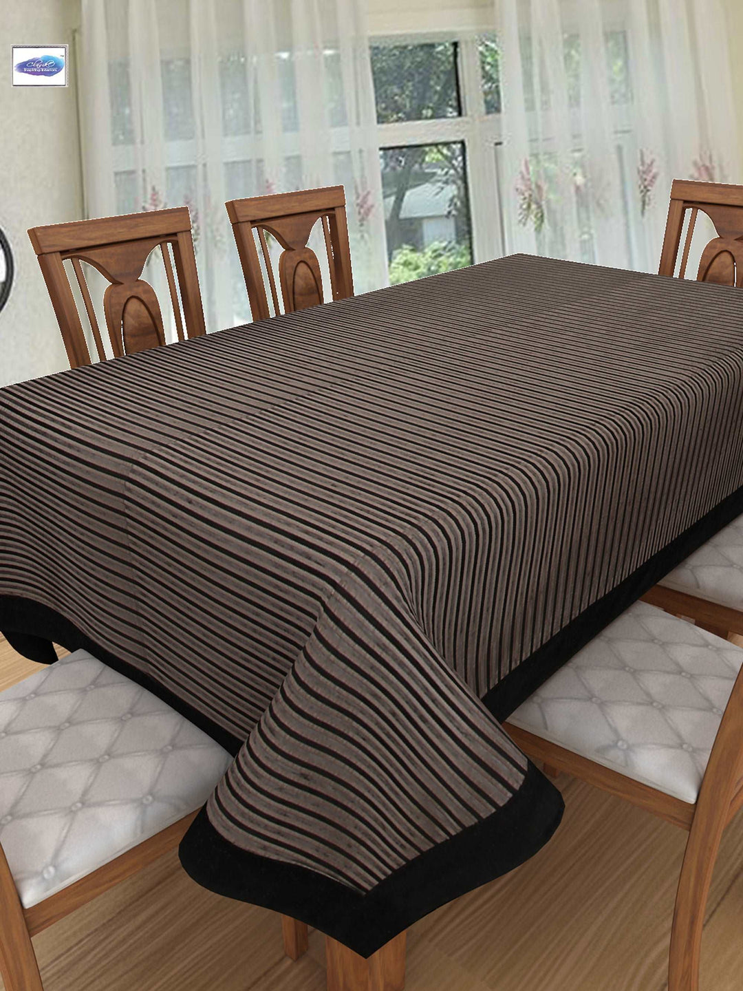 100% Cotton Table Cover 6 Seater, Black Grey Stripes