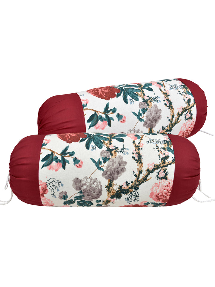 Cotton Bolster Covers; Set Of 2; 300 TC; Printed With Maroon Border