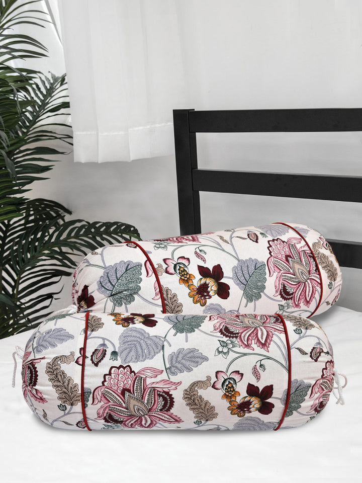 Bolster Cover Set Of 2 Pink Grey Leaves