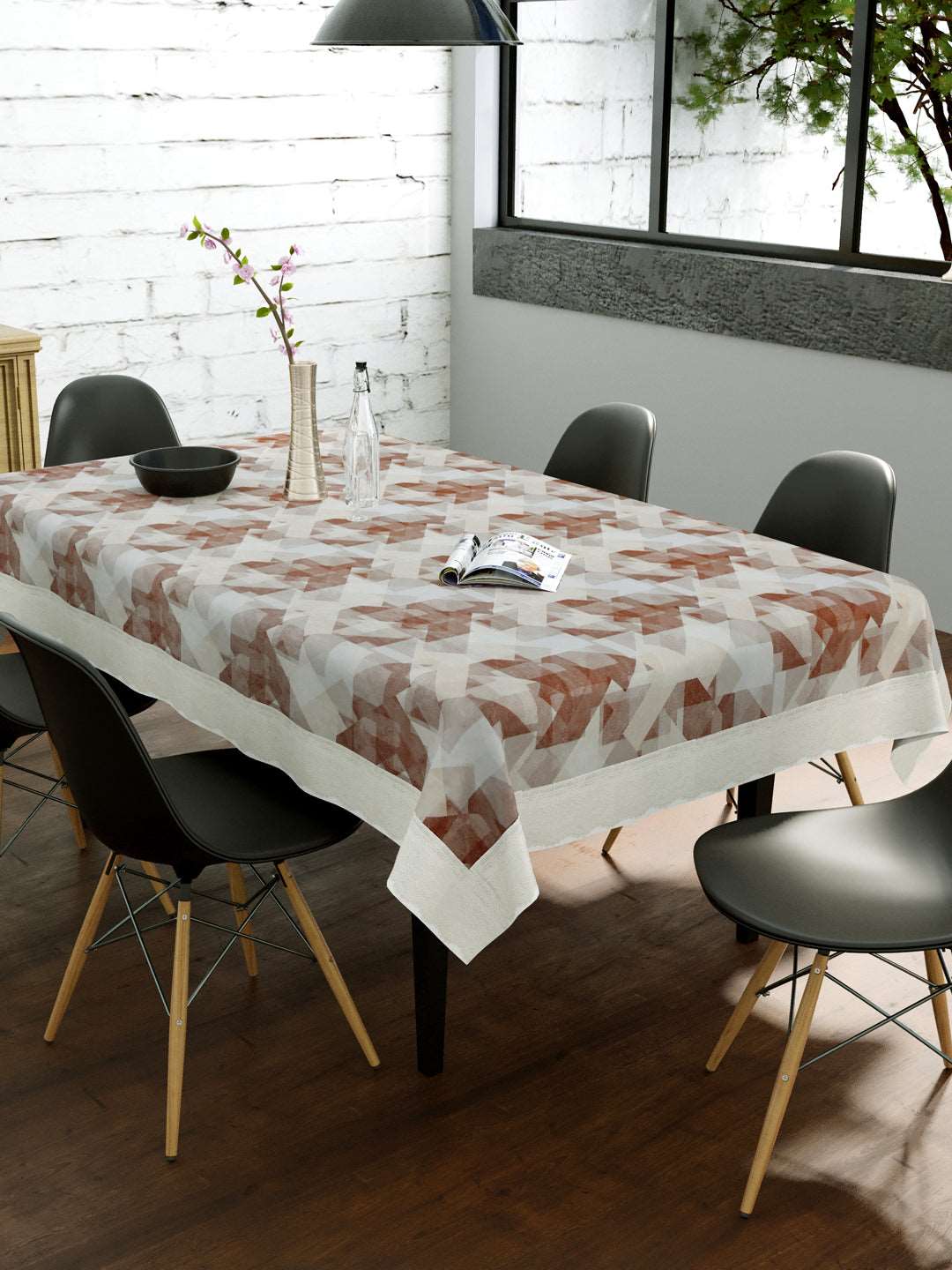 6 Seater Dining Table Cover; Material - PVC; Anti Slip; Brown & Beige